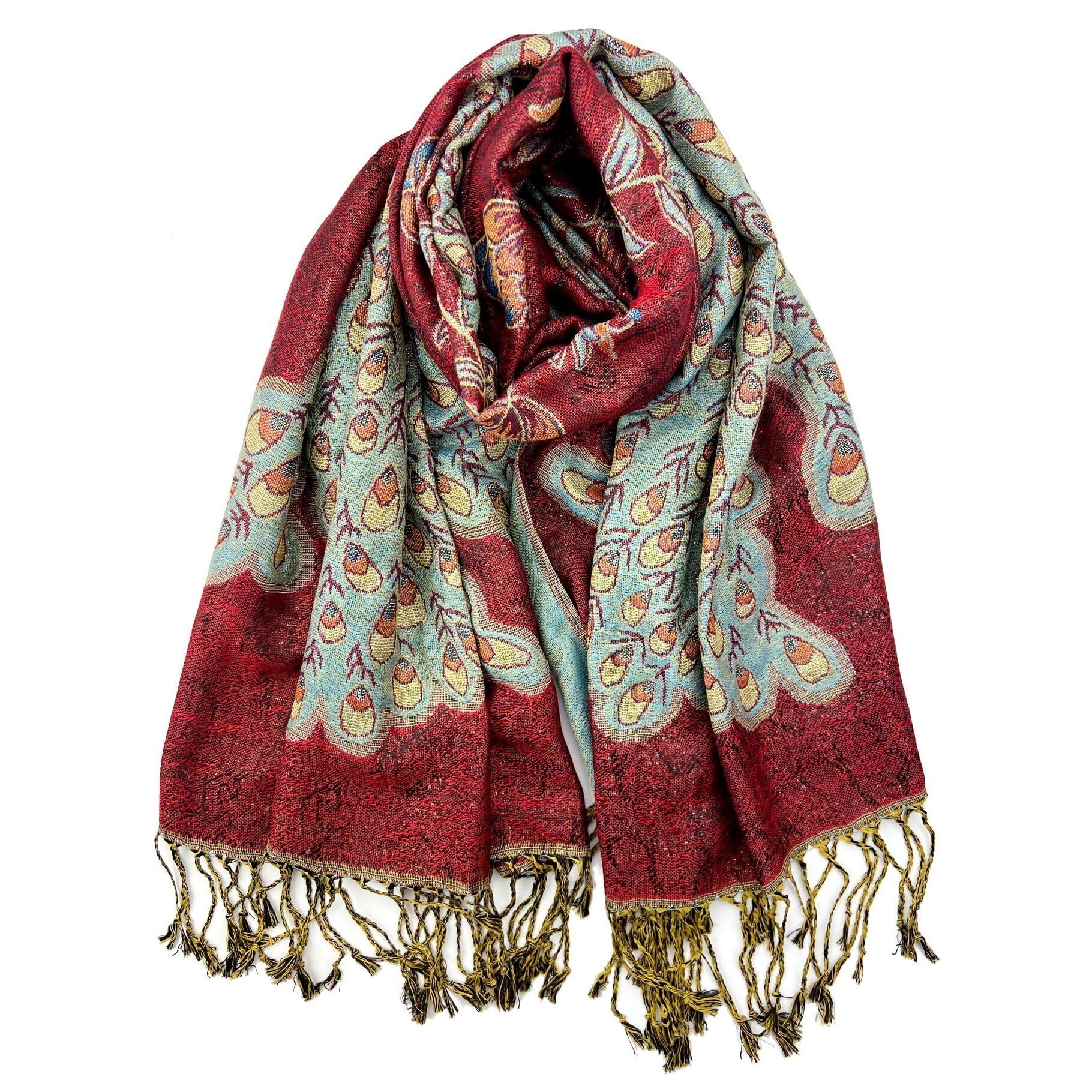 5233 Metallic Tapestry Ethnic Paisley Pattern Pashmina Scarf Red Turquoise